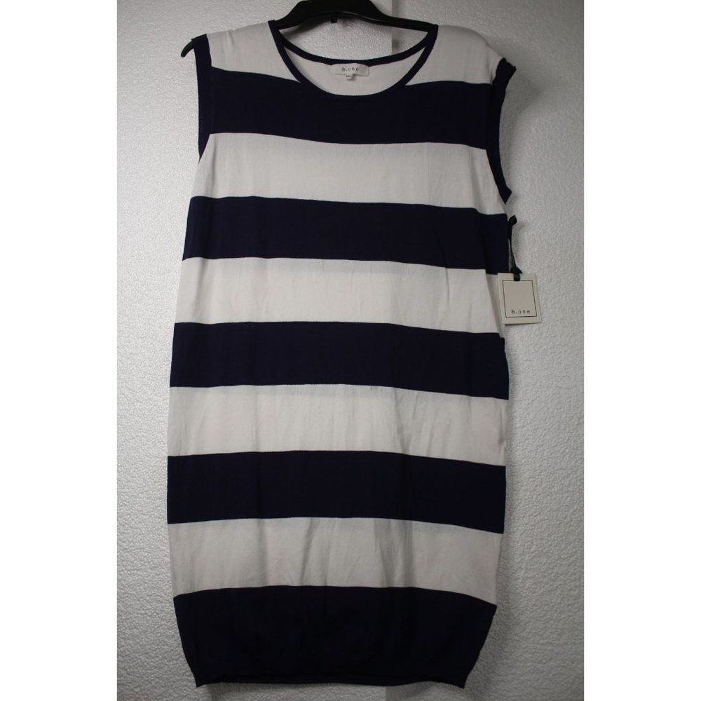 NWT h.one Women Medium Navy Blue White Stripe Knit Sleeveless Knee Length  Dress